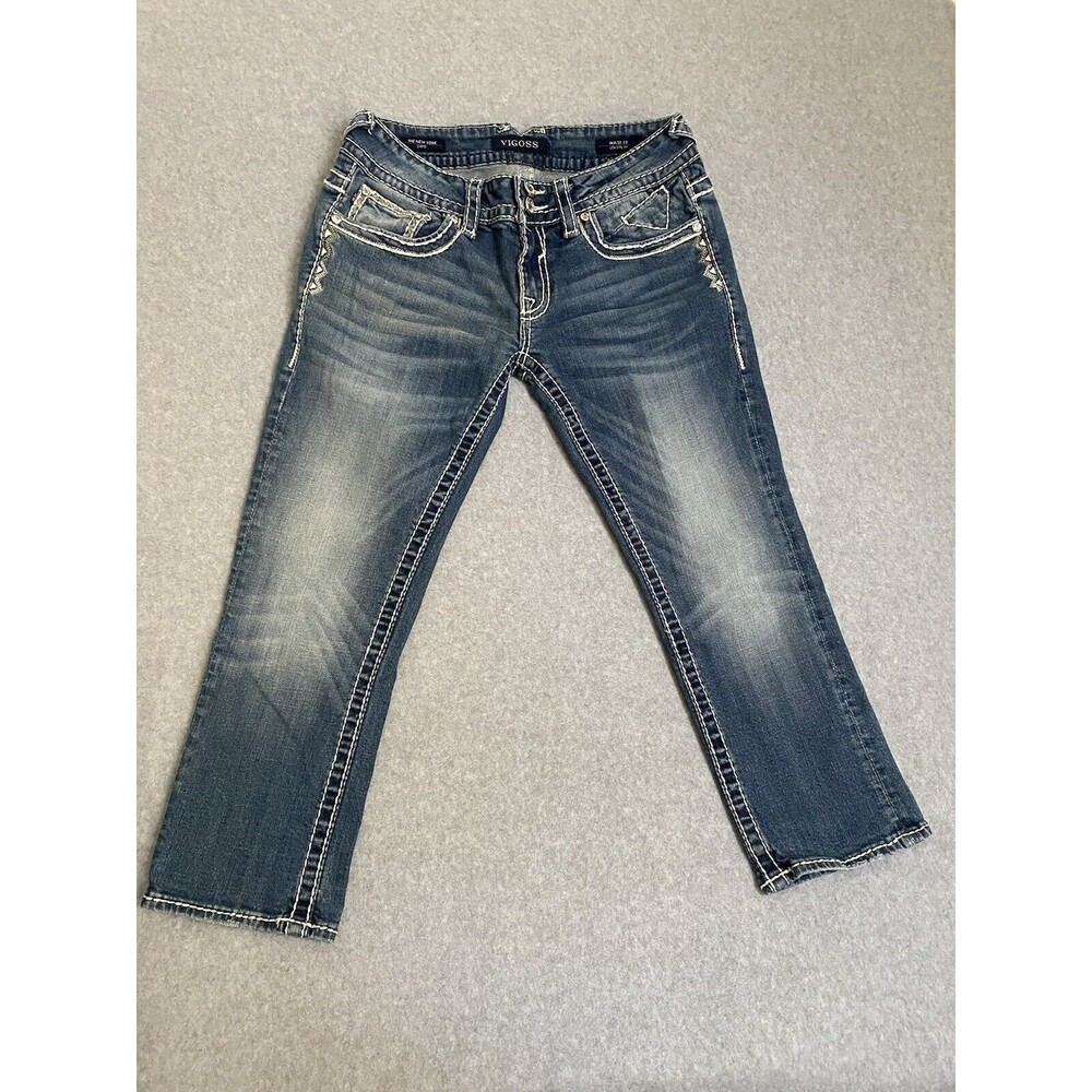 Vigoss Jeans Capri Bling Women's 27 Denim Blue New York Capri Y2K Pants Gems - Picture 2 of 16